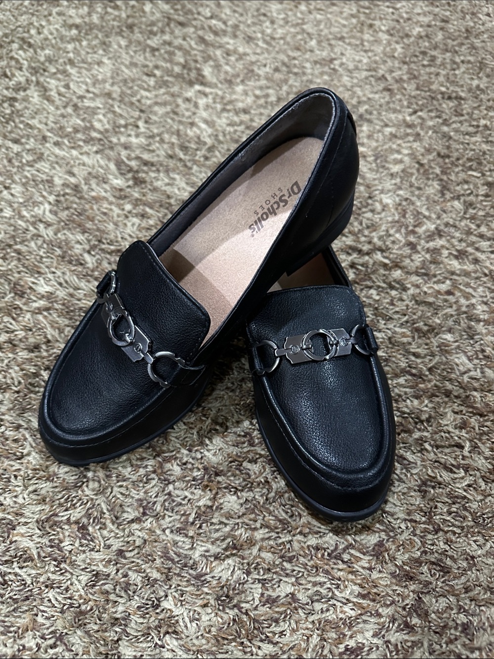 Dr. Scholl's Black Leather Loafers with Silver Bit Detail